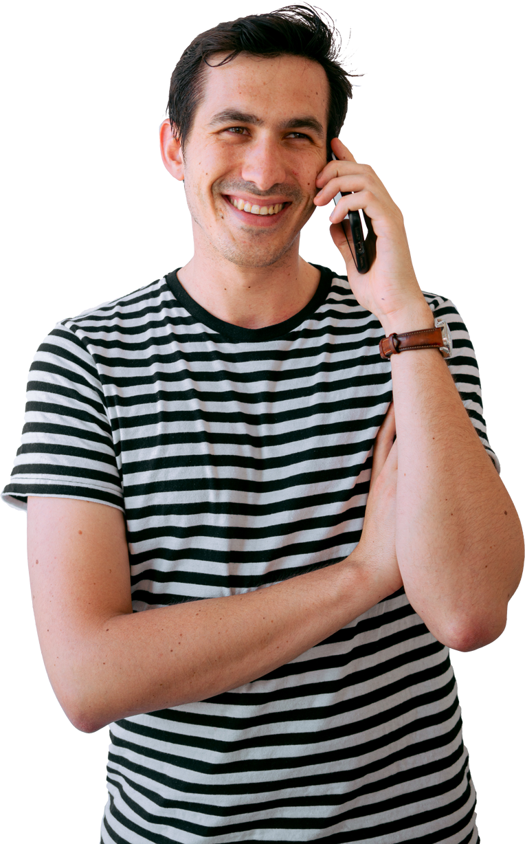 Smiling Man in Shirt Calling Using Smartphone